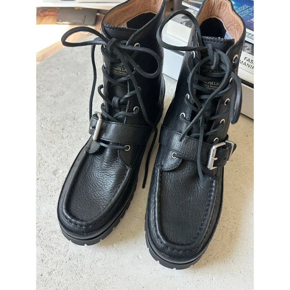 Mens Polo Ralph Lauren Ranger Boots Tumbled Leather Buckle Moc Toe Lug Sole 10.5